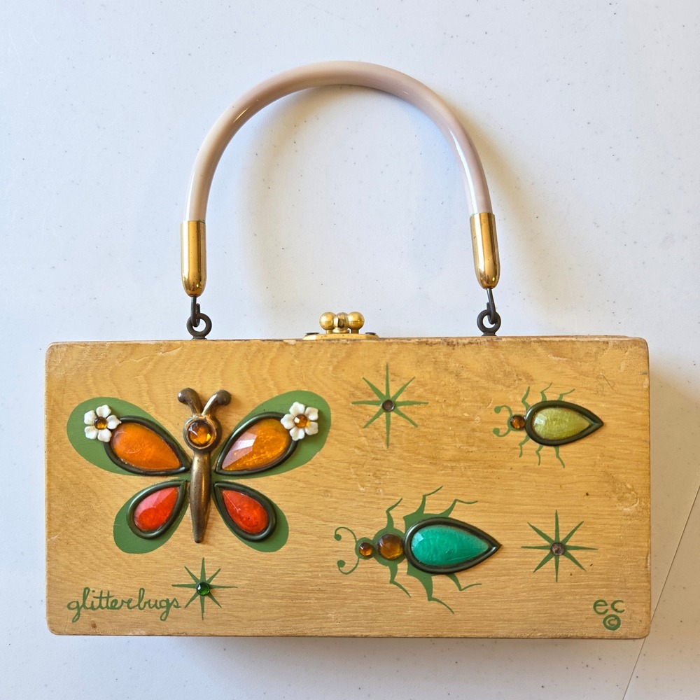 Enid Collins Glitterbugs Vintage 1960s Wood Box Bag Jeweled Butterfly Handbag